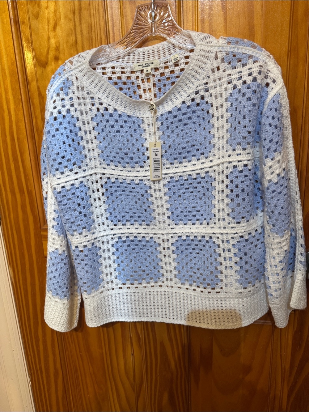 Max Studio Light Blue and White Open-Knit Grid Crewneck Sweater
